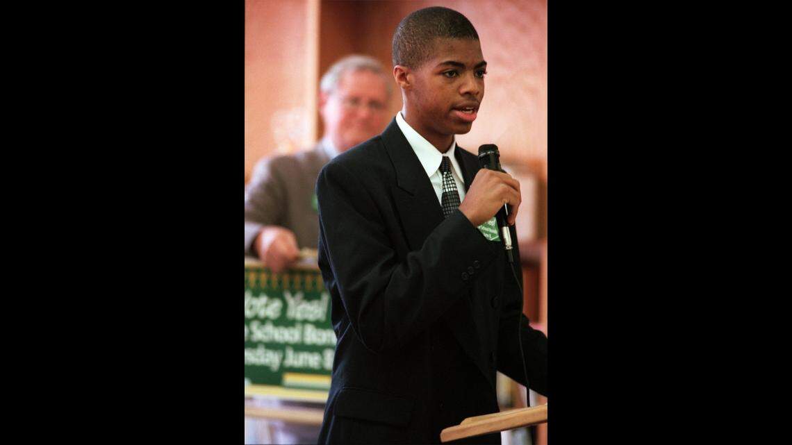 Garner High School student body President Conen Morgan addresses a rally for the Wake County School Bond Referendum on May 5, 1999, at Fred Olds School, as campaign chairman Sherwood Smith watches.