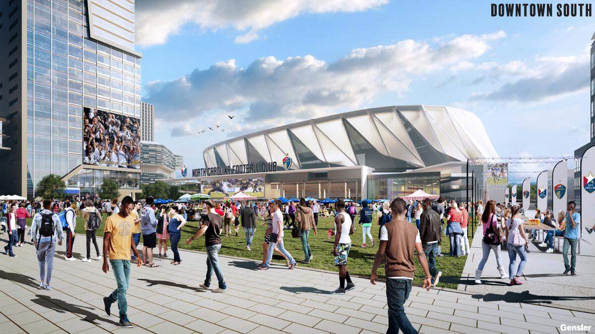 A rendering of Downtown South, a proposed 55 acres of development south of downtown Raleigh that includes a 20,000-seat stadium that would be surrounded by nearly $2 billion worth of private development.