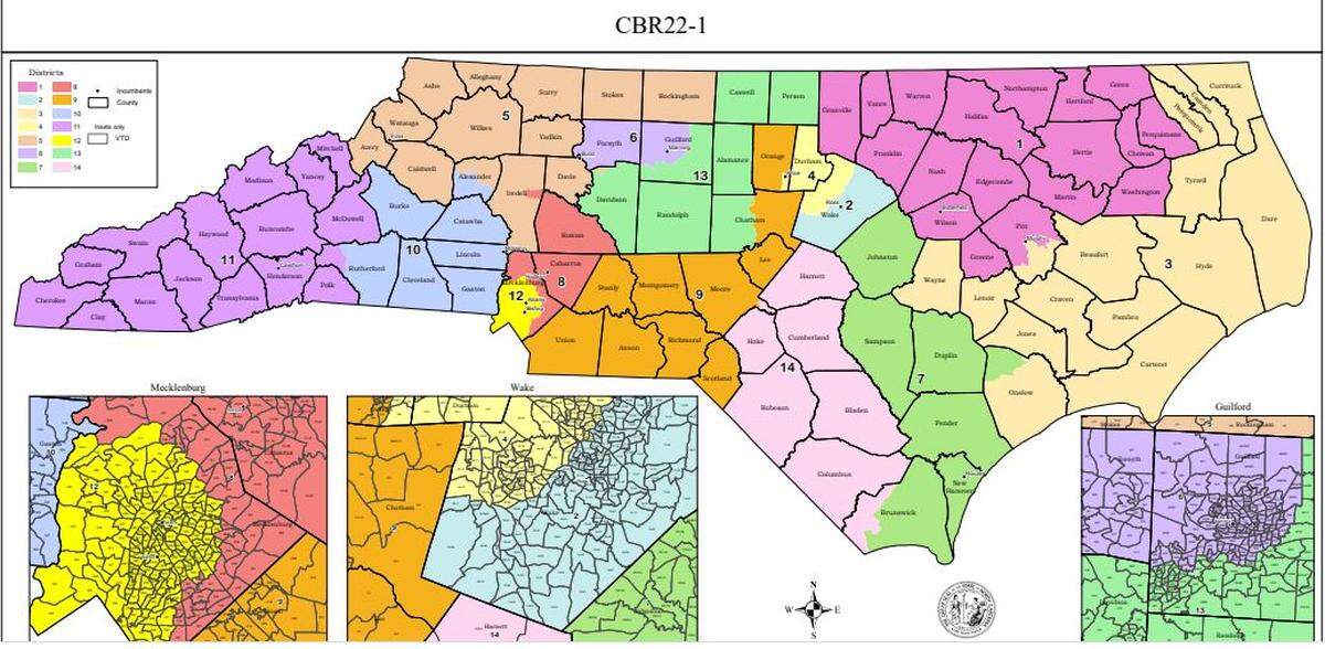 Members of the N.C. House proposed this map of congressional districts on Feb. 16, 2022. The legislature is redrawing maps that had been passed in 2021 but which were later ruled unconstitutional partisan gerrymandering by the N.C. Supreme Court.