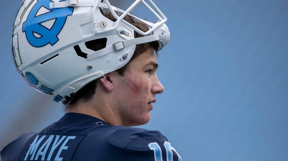 North Carolina quarterback Drake Maye (10) watches the final plays of the Tar Heels’ spring football game on Saturday, April 9, 2022 at Kenan Stadium in Chapel Hill, N.C.