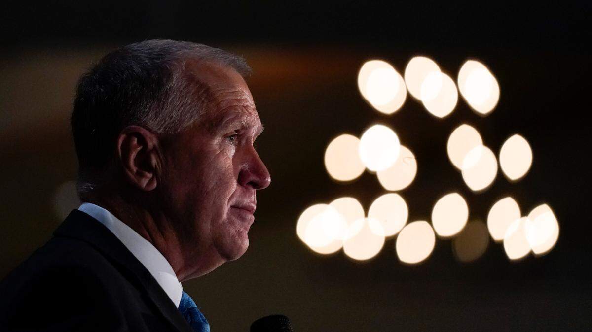 Sen. Thom Tillis, R-N.C., speaks to supporters at a election night rally Tuesday, Nov. 3, 2020, in Mooresville, N.C. (AP Photo/Chris Carlson)
