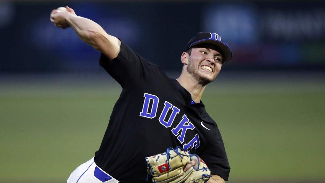 Duke’s Bryce Jarvis throws to a Vanderbilt batter in the first inning of an NCAA college baseball tournament super regional game Saturday, June 8, 2019, in Nashville, Tenn. (AP Photo/Wade Payne)