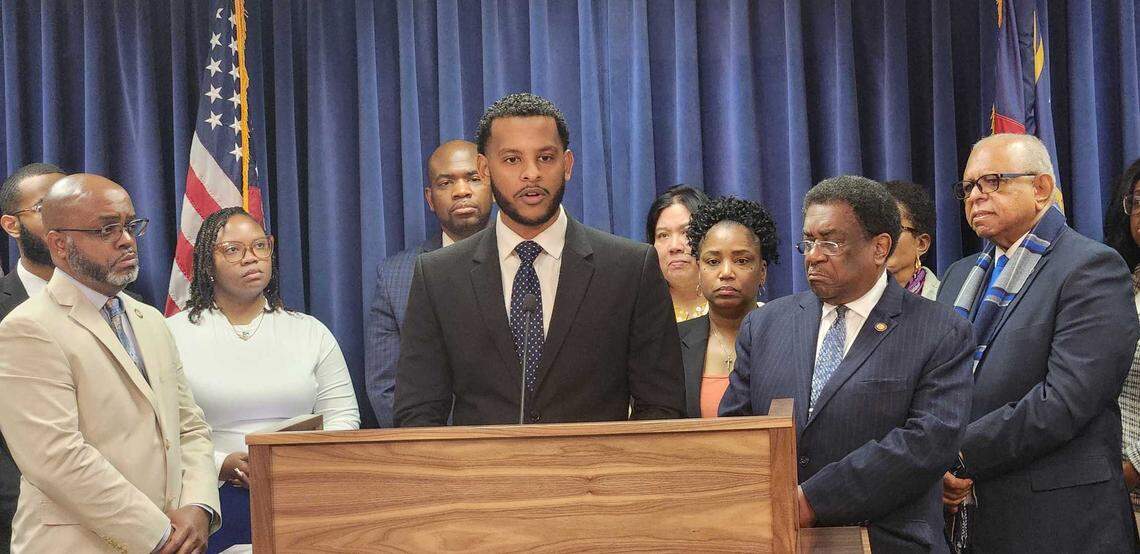 N.C. Sen. Caleb Theodros, at podium, a Mecklenburg County Democrat, talks about diversity, equity and inclusion during a Legislative Black Caucus press conference held Feb. 27, 2025 at the N.C. Legislative Building in Raleigh.