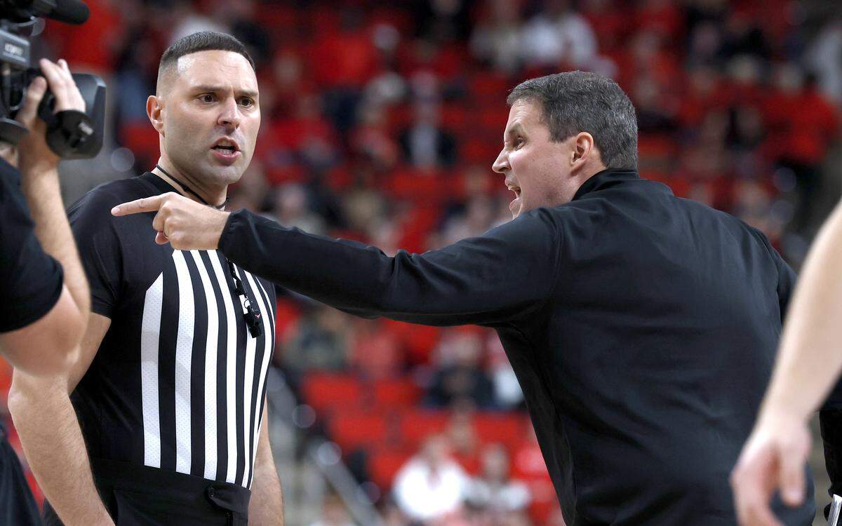 N.C. State head coach Will Wade yells to the officials during N.C. State’s game against N.C. Central University at the Lenovo Center in Raleigh, N.C., Monday, Nov. 3, 2025.