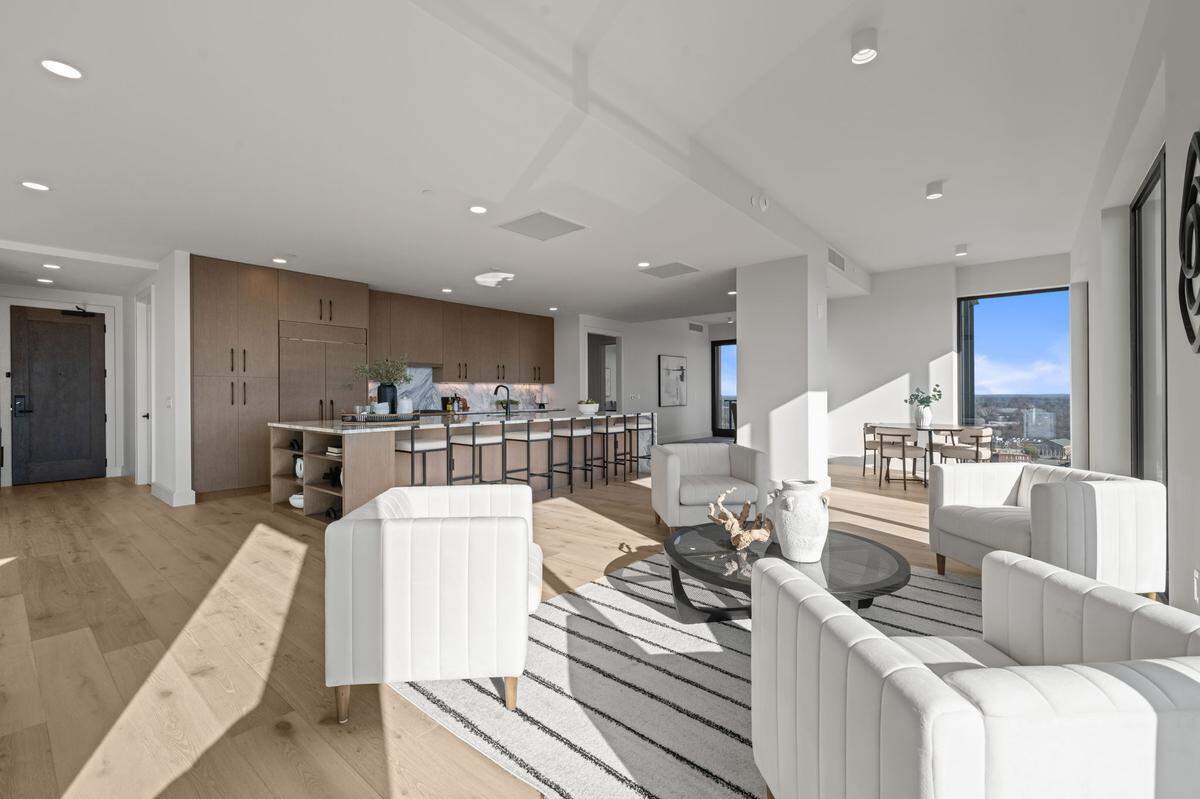 The living room inside The Novus’ Unit 2205 at 400 W. Main St. in Durham.