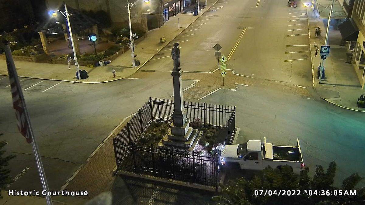 A white truck struck the fence surrounding the confederate statue on July 4, 2022 in Graham