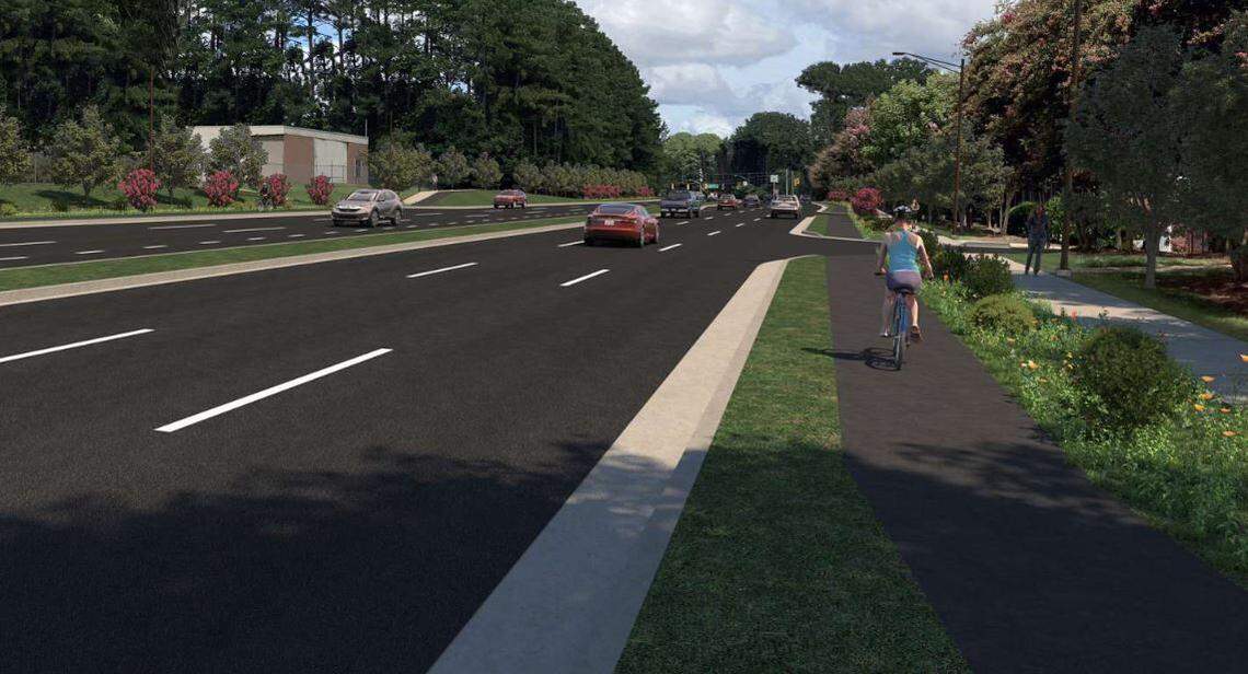This is a rendering of the proposed bike lane design along Six Forks Road.