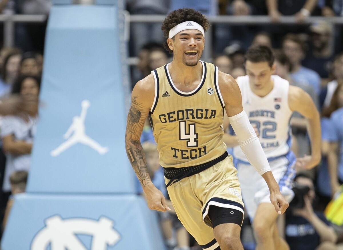 Georgia Tech’s Jordan Usher (4) reacts after a dunk to put the Yellowjackets up 36-14 in the first half on Saturday, January 4, 2020 at the Smith Center in Chapel Hill, N.C.