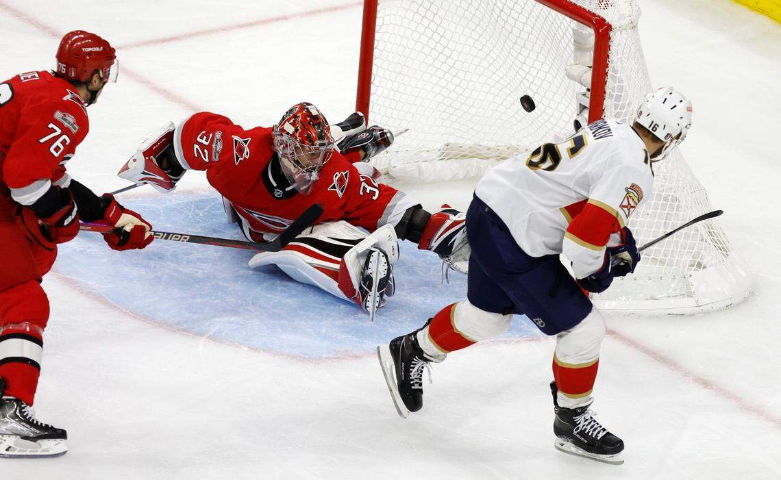 Florida center Aleksander Barkov (16) scores on Carolina goaltender Antti Raanta (32) during the second period of game two between the Hurricanes and Panthers in the Eastern Conference Finals at PNC Arena in Raleigh, N.C., Saturday, May 20, 2023.