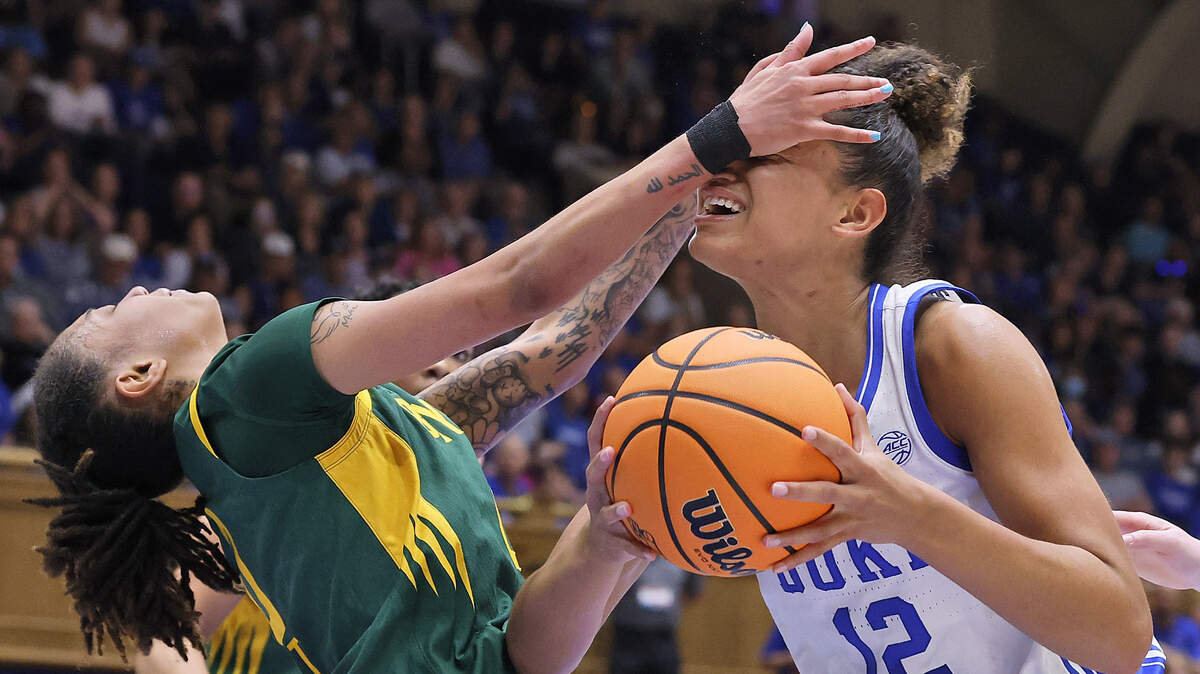 Duke’s Delaney Thomas is fouled by Baylor’s Taliah Scott during the first half of the Blue Devils’ second-round NCAA Tournament game on Sunday, March 22, 2026, at Cameron Indoor Stadium in Durham, N.C.