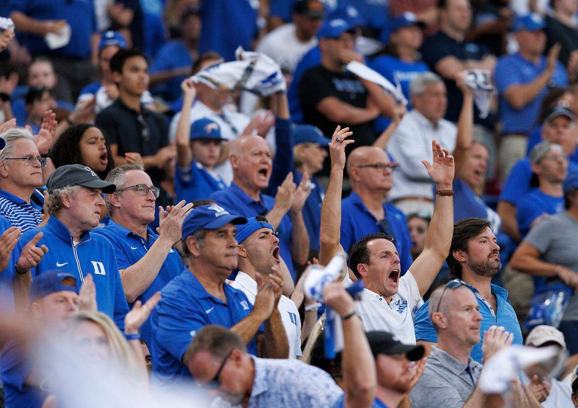 Duke fans react during the second half of the Blue Devils’ 21-20 win over North Carolina on Saturday, Sept. 28, 2024, at Wallace Wade Stadium in Durham, N.C.