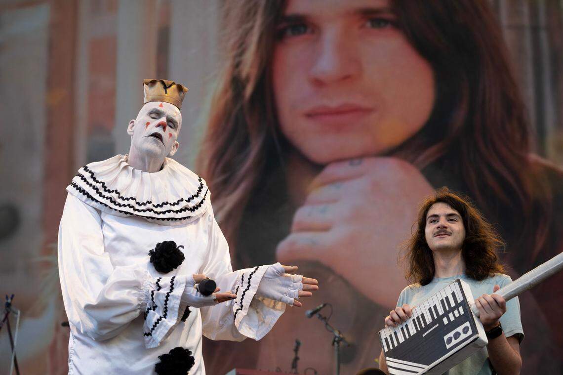 Puddles Pity Party performs a tribute to Ozzy Osbourne with a fan from the audience as an opener for Weird Al Yankovic brings his “Bigger & Weirder 2025” tour to Raleigh, N.C.’s Red Hat Amphiteather, Thursday night, July 24, 2025.