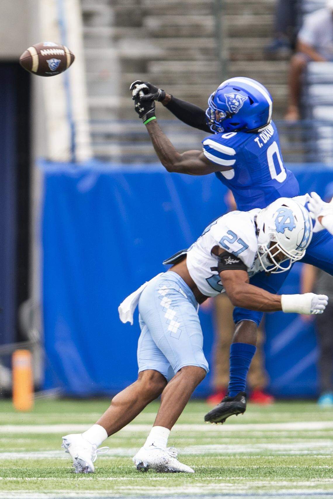 North Carolina defensive back Giovanni Biggers breaks up pass attempt to Georgia State wide receiver Terrance Dixon in the first half of an NCAA college football game Saturday, Sept. 10, 2022, in Atlanta.