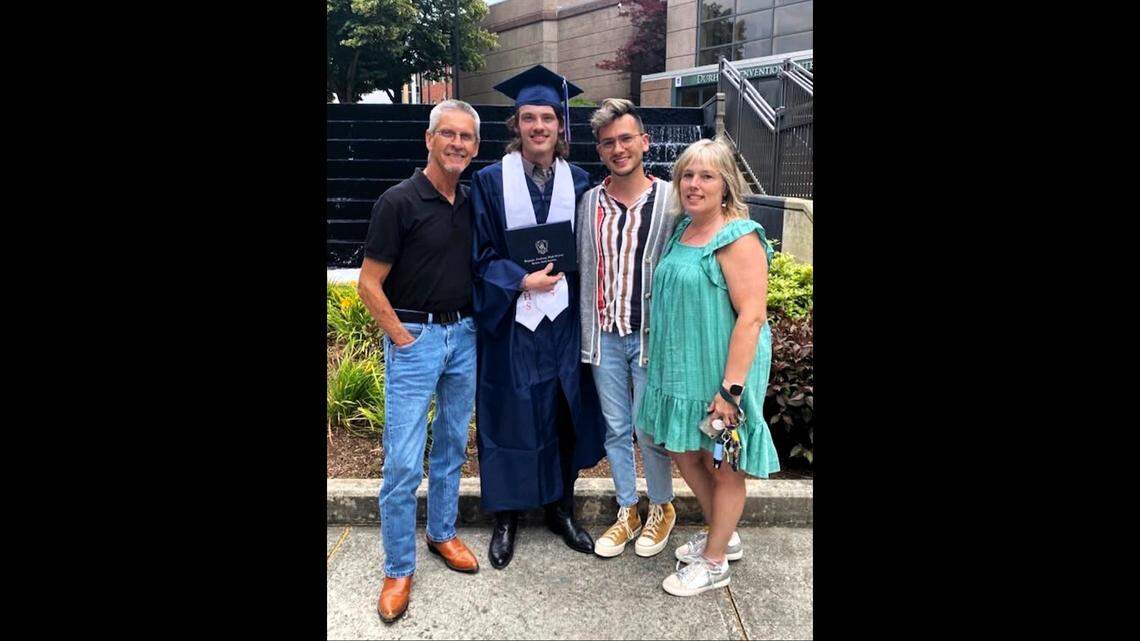 Paula and Frank Floyd celebrate their son’s graduation in this photo from several years ago posted to a GoFundMe for Floyd’s family. She was killed March 6, 2026, at a Hillsborough home.