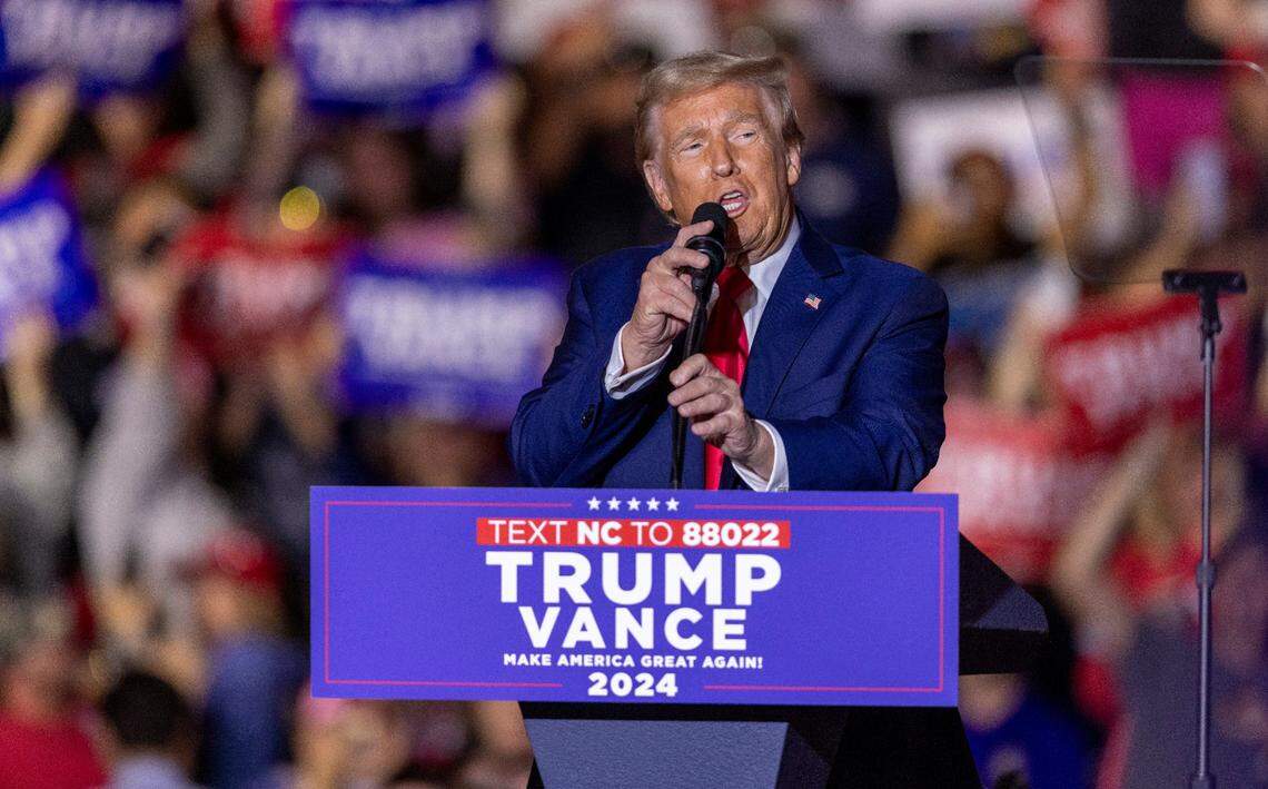 Former President Donald Trump speaks during a rally at Minges Coliseum in Greenville on Monday, Oct. 21, 2024. With two weeks until Election Day, Trump went on a three-city tour, in which Trump will also see the destruction caused by Hurricane Helene in Asheville and speak at a faith conference in Concord.