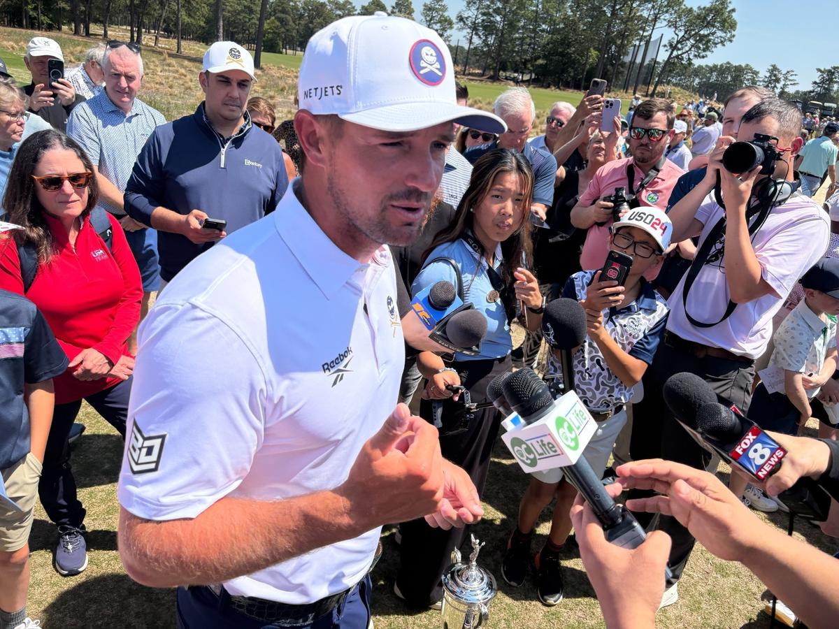 Bryson DeChambeau meets with the media at Pinehurst on Monday. A day after fading to fifth place in the final pairing of the Masters, DeChambeau was back at the site of his U.S. Open win last June to commemorate his bunker shot on the 18th hole of the final roune.