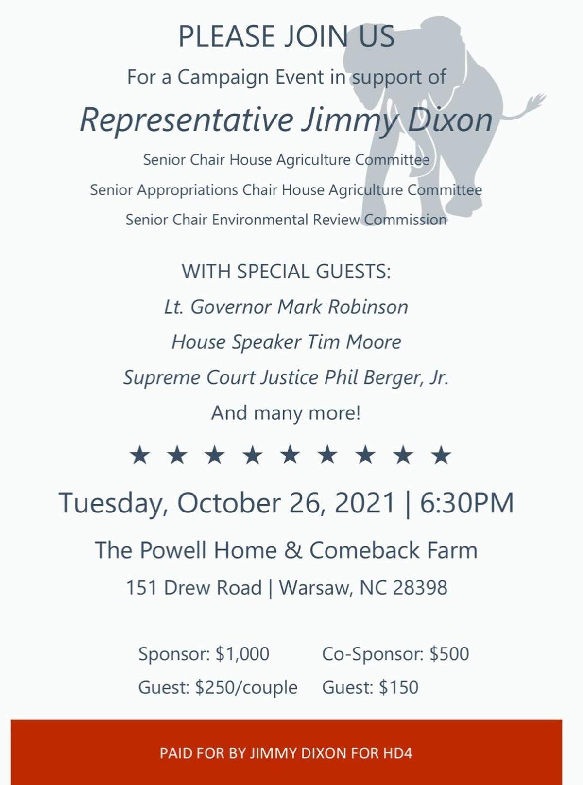 The invitation for a fundraiser featuring several North Carolina Republican politicians including N.C. House Speaker Tim Moore and Supreme Court Justice Phil Berger Jr, the son of the state senate leader.