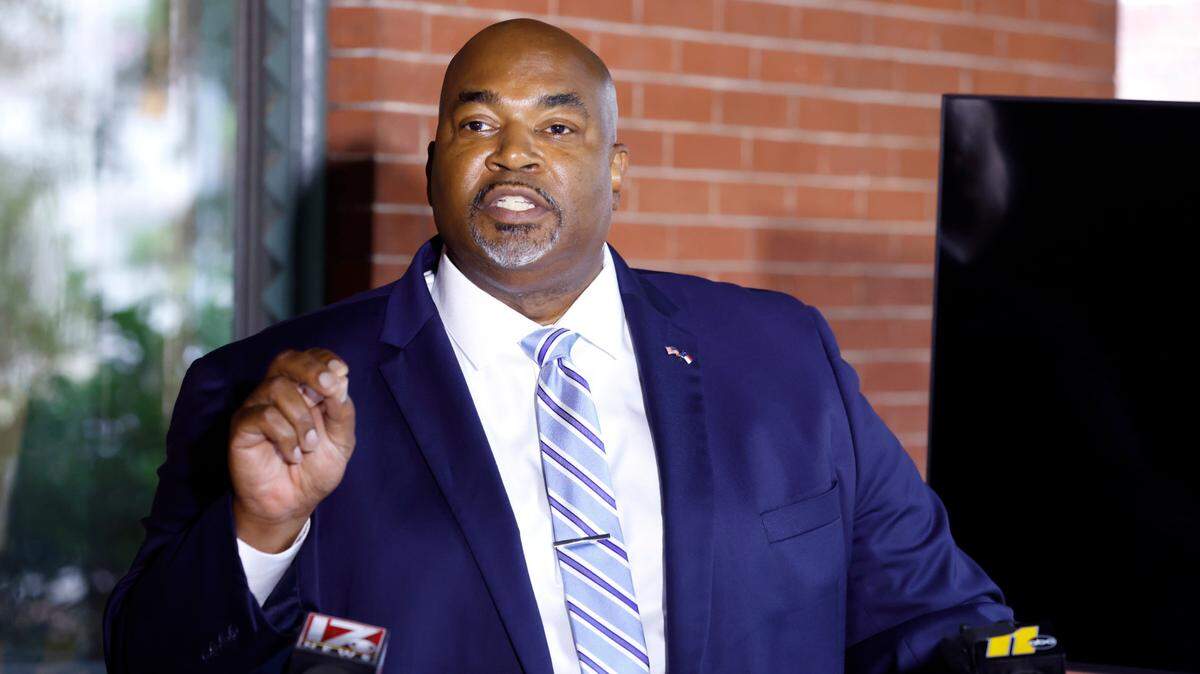 North Carolina Lt. Gov. Mark Robinson speaks during a press conference in Raleigh, N.C., Tuesday, October 12, 2021.
