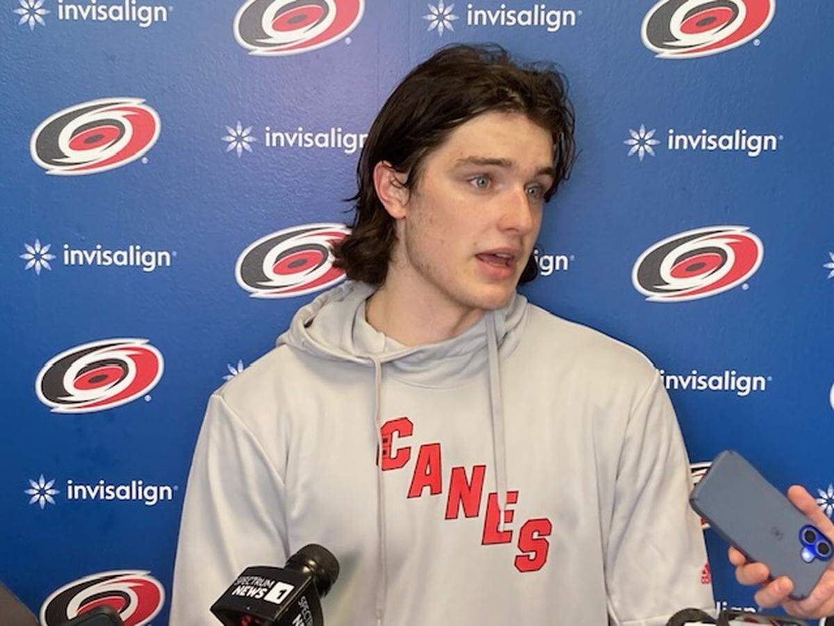 Defenseman Dominik Badinka fields questions from the media at the Carolina Hurricanes prospects development camp in Morrisville on June 30, 2025. Chip Alexander
