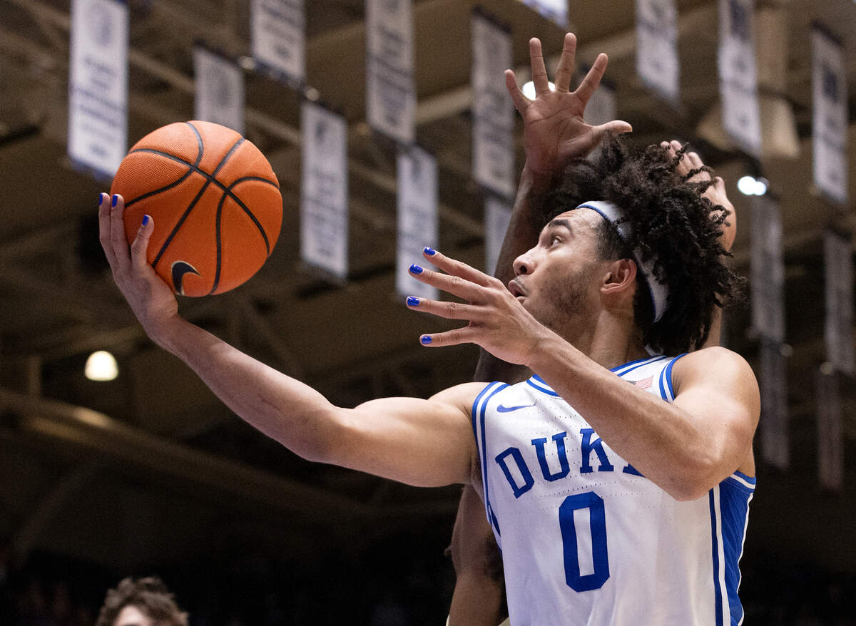 Duke’s Jared McCain drives to the basket during the second half of the Blue Devils’ 109-64 exhibition win over UNC Pembroke on Wednesday, Nov. 1, 2023, at Cameron Indoor Stadium in Durham, N.C.