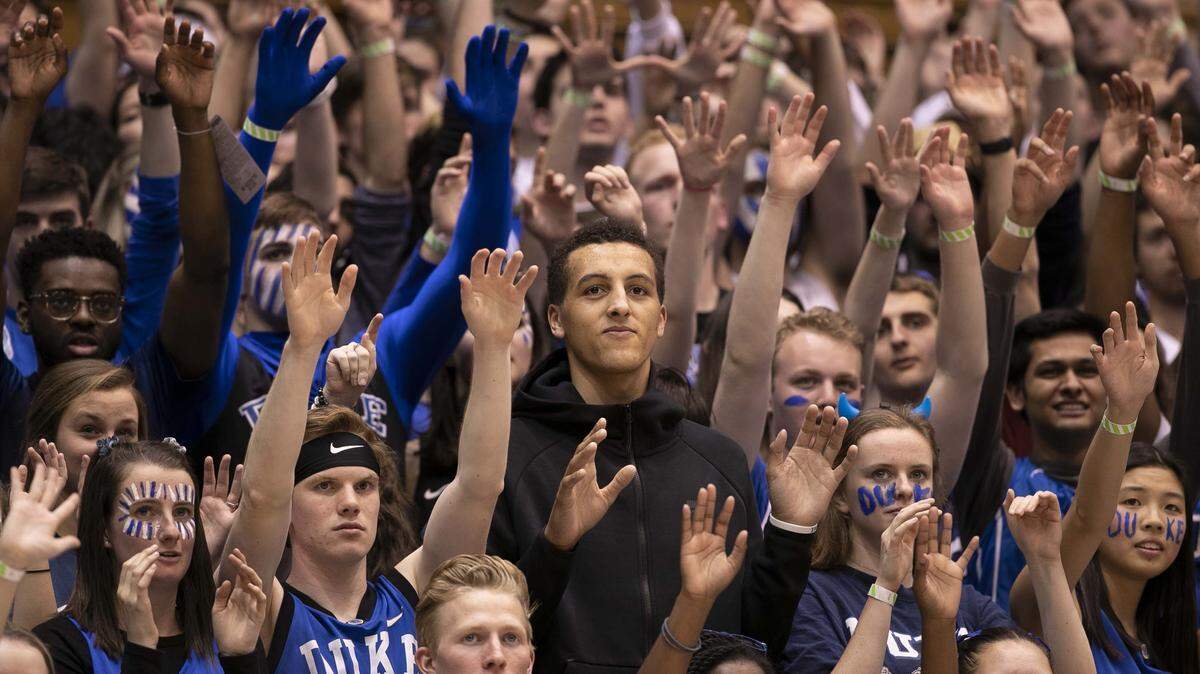 Duke recruit Patrick Baldwin watches the second half with the Cameron Crazies during the Blue Devils’ game against Virginia Tech on Saturday, February 22, 2020 at Cameron Indoor Stadium in Durham, N.C.