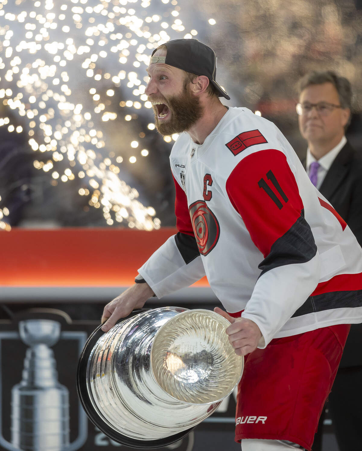 Carolina Hurricanes captain Jordan Staal (11) accepts the Stanley Cup, after defeating the Vegas Golden Knights 3-0 in Game 6, on Sunday, June 14, 2026 at T-Mobile Arena in Las Vegas, NV.