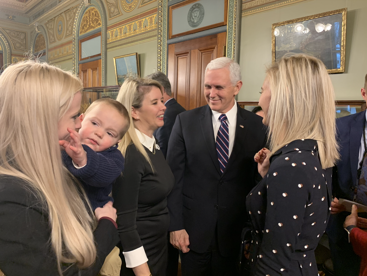 Tonya Baker Nelson, her daughter Sonny Joy Nelson, and Brittany Lyda, a Hand of Hope client, meet with former Vice President Mike Pence at the Eisenhower Executive Office Building in Washington, D.C. in January 2019.