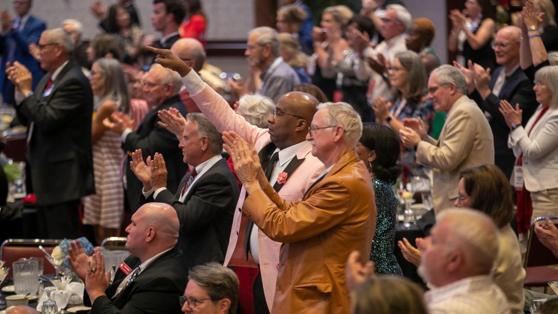 North Carolina Republican Party Convention delegates rise to show support for former President Donald Trump following his comment about immigration during his speech at the Koury Convention Center on Saturday, June 10, 2023 in Greensboro, N.C.