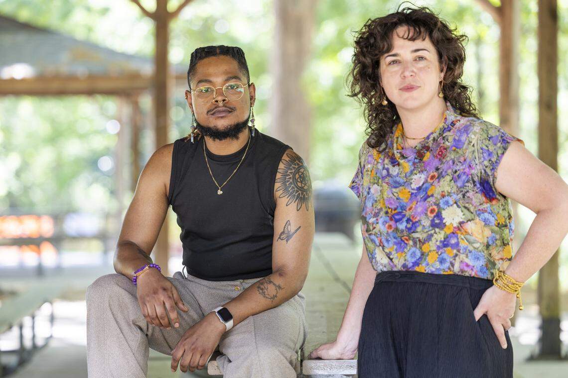 Jae Edwards (left), former NC State Pride Center’s assistant director, was terminated from the center after an edited, undercover video of Edwards was posted online by Accuracy in Media. He is show here with his attorney Melanie Stratton Lopez.