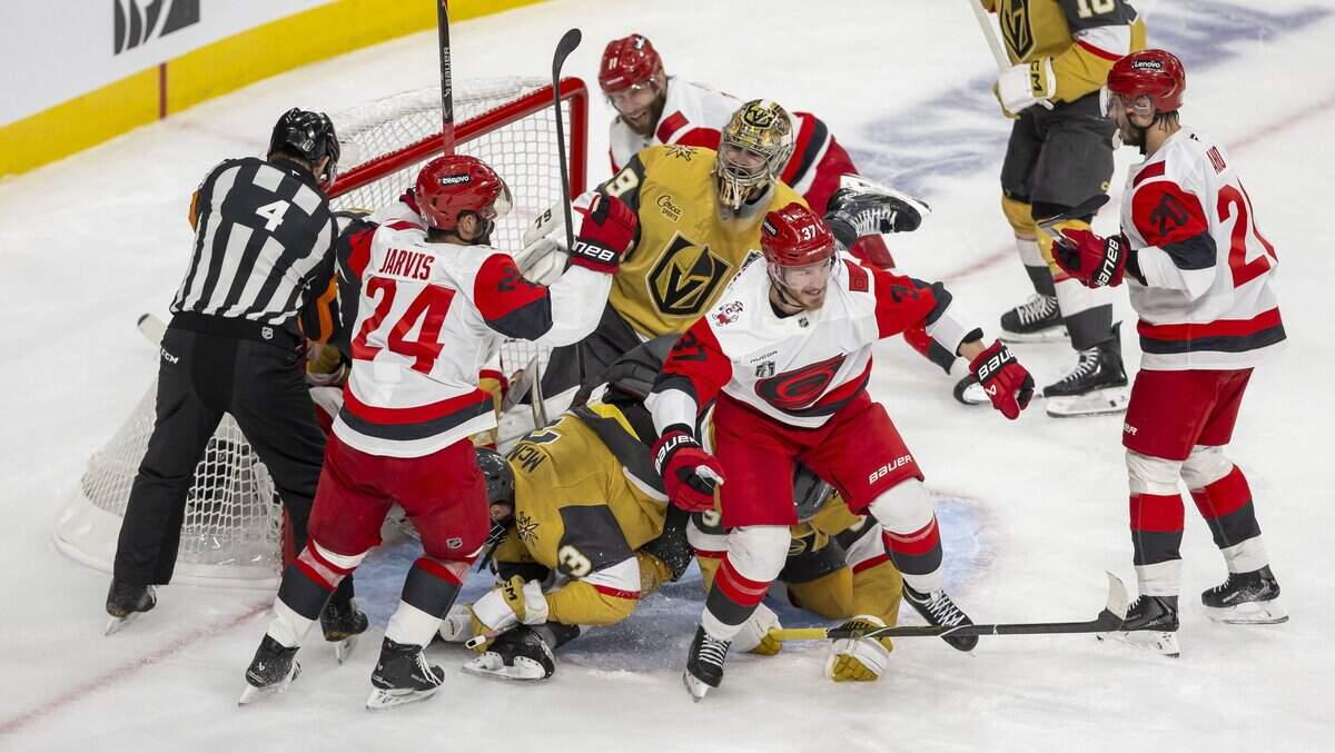 Carolina Hurricanes right wing Andrei Svechnikov (37) reacts after scoring on Vegas goalie Carter Hart (79) to tie the score 4-4 and force overtime in Game 3 of the Stanley Cup Final, on Saturday, June 6, 2026 at T-Mobile Arena in Las Vegas, NV.