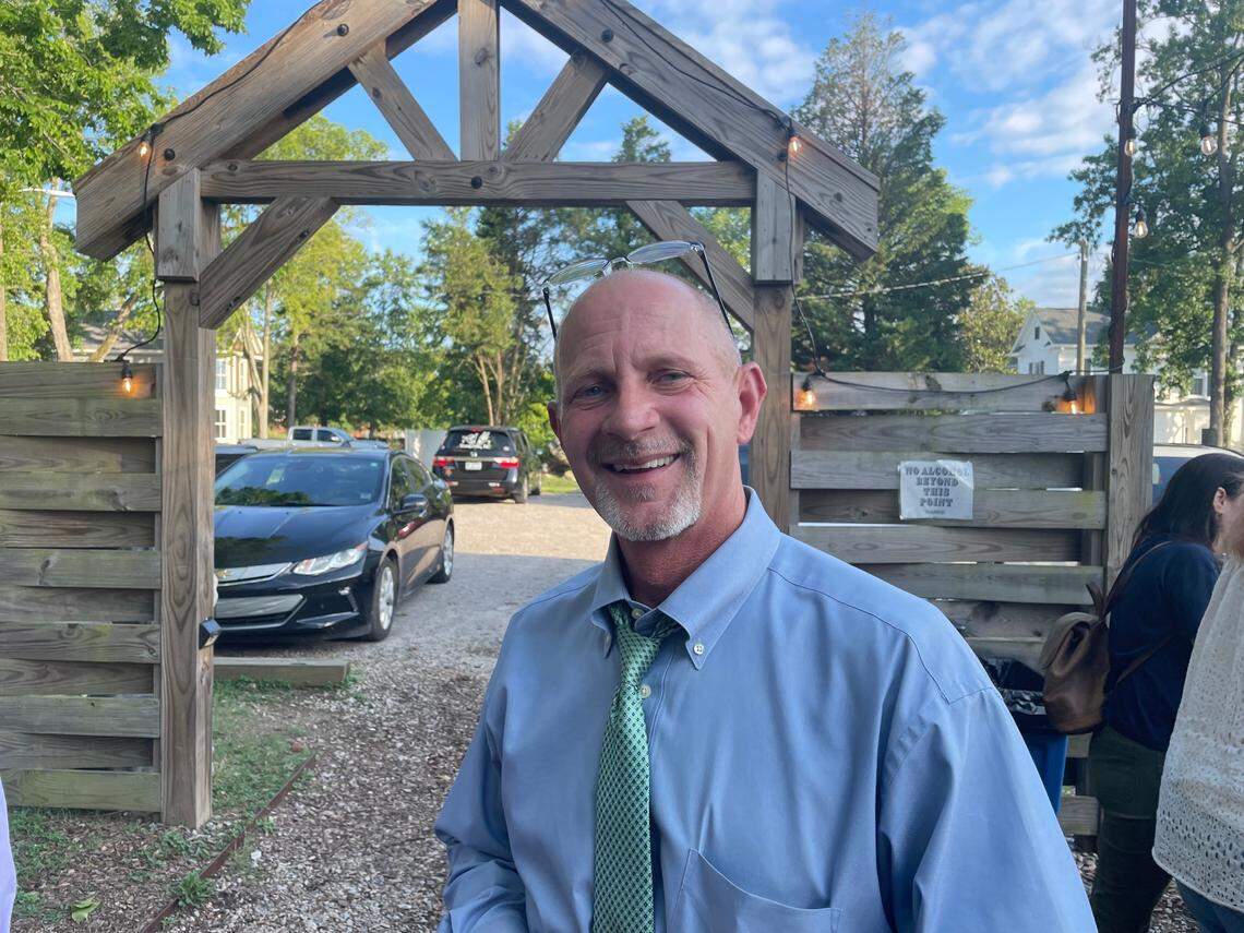Democratic candidate for Senate District 11, Mark Speed, poses at a campaign meet and greet in Youngsville.