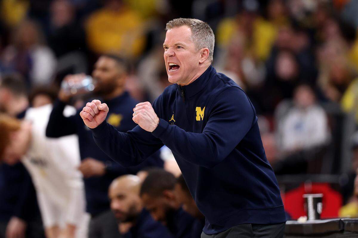 Michigan head coach Dusty May reacts against Tennessee during the second half in the teams’ Elite Eight game at the 2026 NCAA Men's Basketball Tournament at the United Center on March 29, 2026 in Chicago, Illinois.