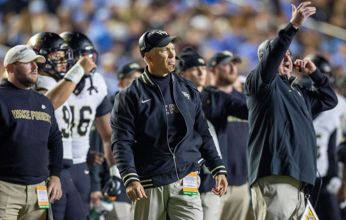 Wake Forest coach Dave Clawson on the sideline during the Demon Deacons’ game against North Carolina on Saturday, November 16, 2024 at Kenan Stadium in Chapel Hill, N.C.