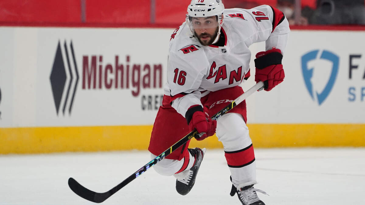 Carolina Hurricanes center Vincent Trocheck (16) plays against the Carolina Hurricanes in the first period of an NHL hockey game Thursday, Jan. 14, 2021, in Detroit. (AP Photo/Paul Sancya)