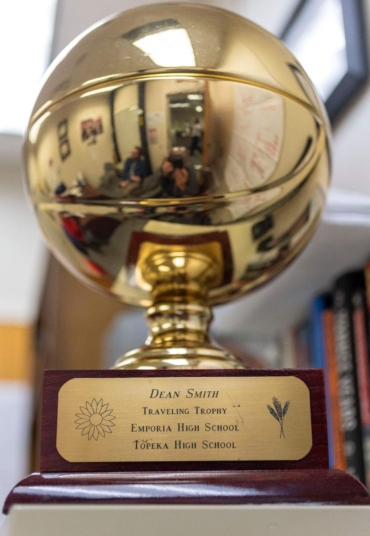 A detail of the ‘Dean Smith Traveling Trophy’ at Emporia High School, photographed on Wednesday, November 6, 2024 in Emporia, Kansas.