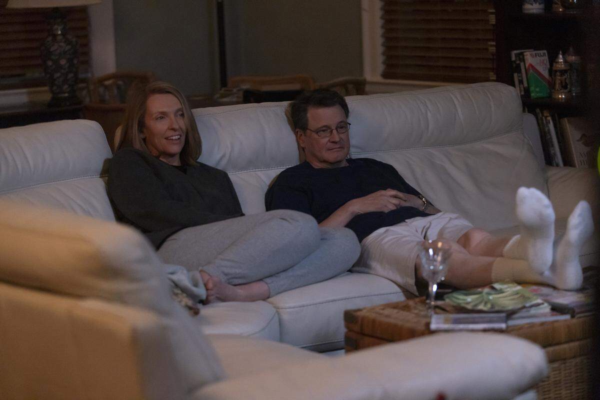 Toni Collette as Kathleen Peterson and Colin Firth as Michael Peterson in the HBO Max series “The Staircase.”