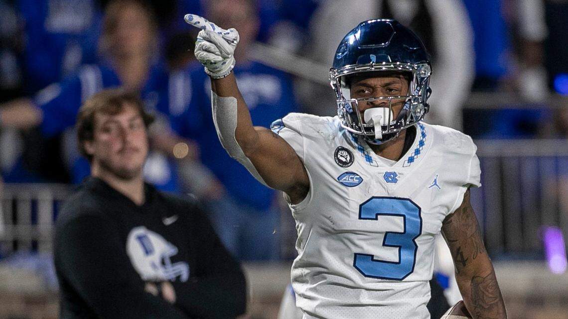 North Carolina’s Antoine Green (3) reacts after a 53-yard pass from quarterback Drake Maye (10) for a first down in the first quarter on Saturday, October 15, 2022 at Wallace-Wade Stadium in Durham, N.C.