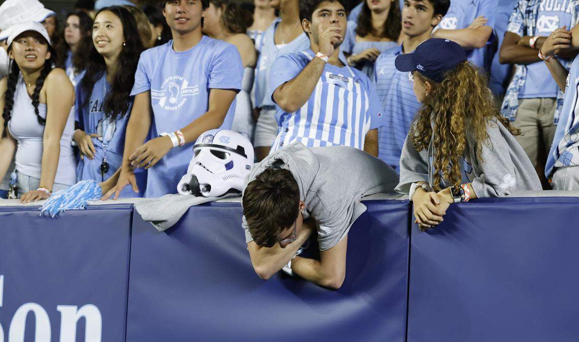 A North Carolina fan reacts during the second half of UNC’s game against TCU at Kenan Stadium in Chapel Hill, N.C., Monday, Sept. 1, 2025.