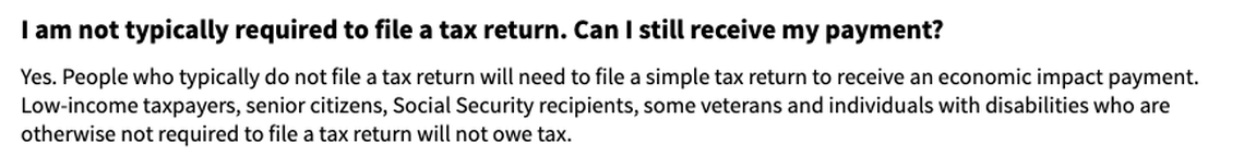 In an initial set of guidelines, the IRS told senior citizens and Social Security recipients who don’t typically file taxes that they would need to do so in order to receive their stimulus checks.