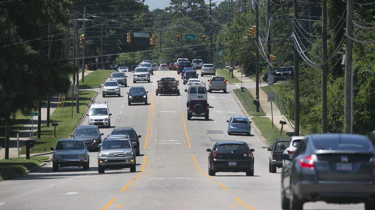 Six Forks Road between Millbrook and Shelley roads. The city is reconsidering plans to widen Six Forks to six lanes between Rowan Street and Lynn Road, including this stretch.