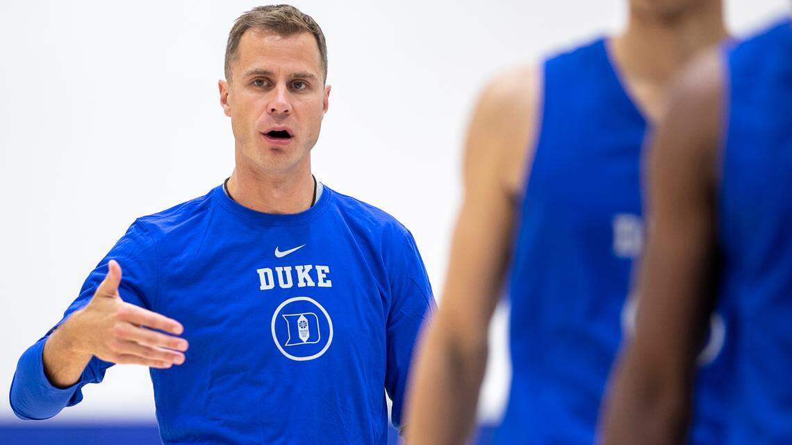 Duke head coach Jon Scheyer works with his team during practice on Tuesday, September 27, 2022 in Durham, N.C.