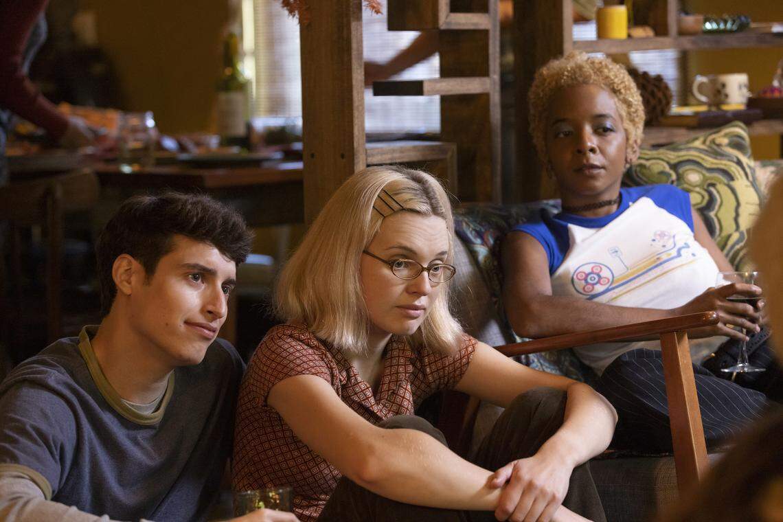 Daniel Annone as boyfriend, Odessa Young as Martha Ratliff, and Kara Young as Yasmine in the HBO Max series “The Staircase.”