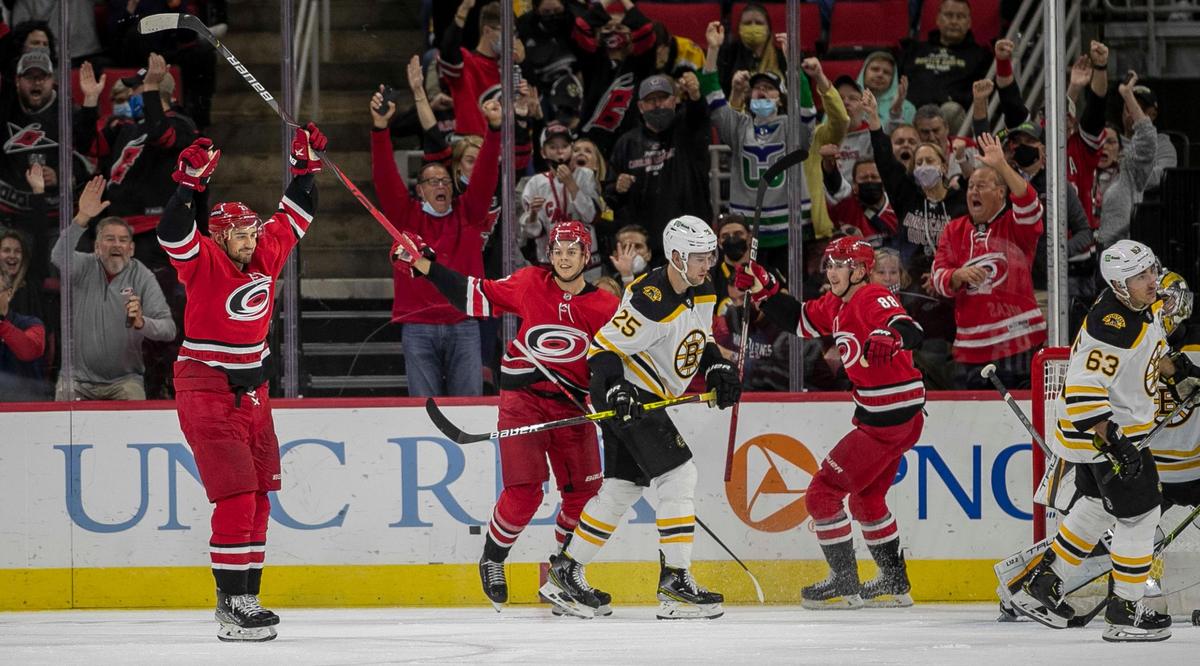 Carolina Hurricanes’ Nino Niederreiter (21) reacts after scoring in the second period to give the Hurricanes a 2-0 lead over Boston on Thursday, October 28, 2021 at PNC Arena in Raleigh, N.C.