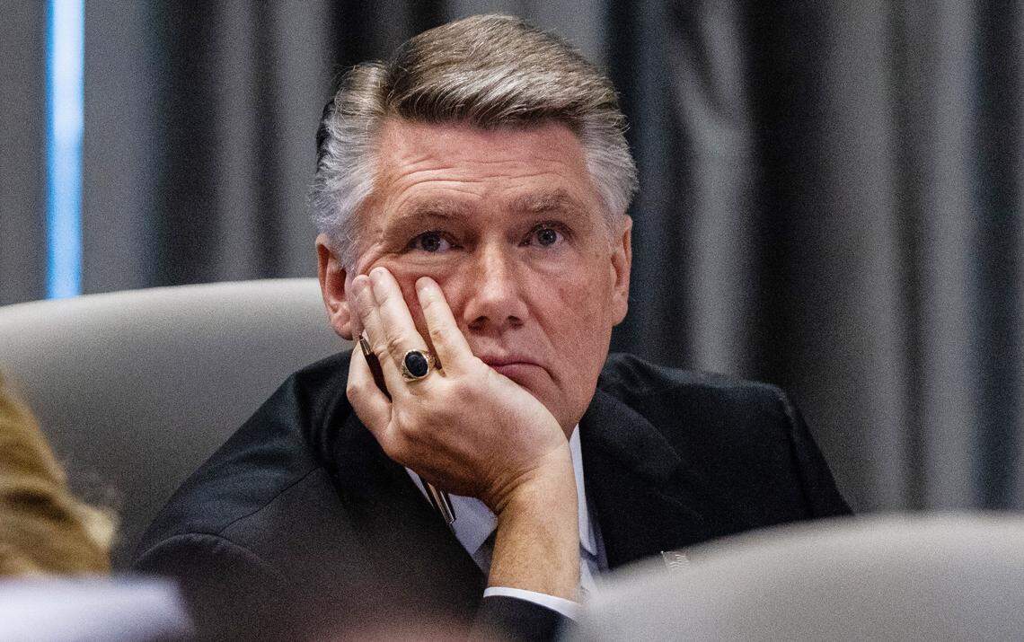 Mark Harris, Republican candidate in North Carolina‚Äôs 9th Congressional race, listens to testimony during the second day of a public evidentiary hearing on the 9th Congressional District voting irregularities investigation Tuesday, Feb. 19, 2019, at the North Carolina State Bar in Raleigh.