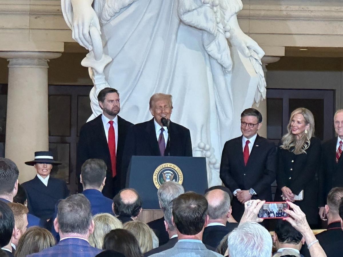 President Donald Trump addresses a crowd of people at the U.S. Capitol following his inauguration on Monday, Jan. 20, 2025.