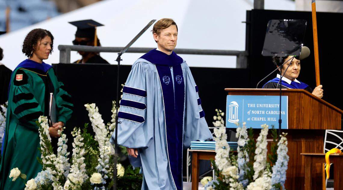 UNC Chapel Hill interim chancellor Lee Roberts takes to the stage before UNC Chapel Hill’s commencement ceremonies at Kenan Stadium in Chapel Hill in 2024.