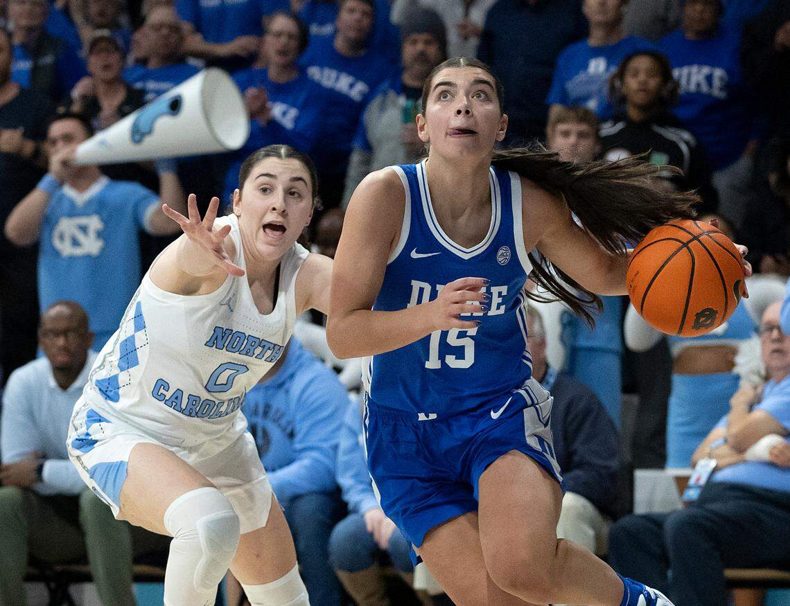 Duke’s Emma Koabel drives past North Carolina’s Lanie Grant during the second half of the Blue Devils’ 53-46 overtime loss on Thursday, Jan. 9, 2025, at Carmichael Arena in Chapel Hill, N.C.