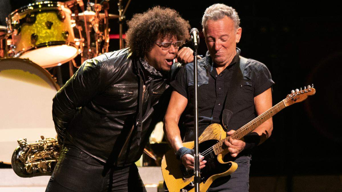 Jake Clemons cheers on Bruce Springsteen in concert at the Greensboro Coliseum Saturday night, March 25, 2023.