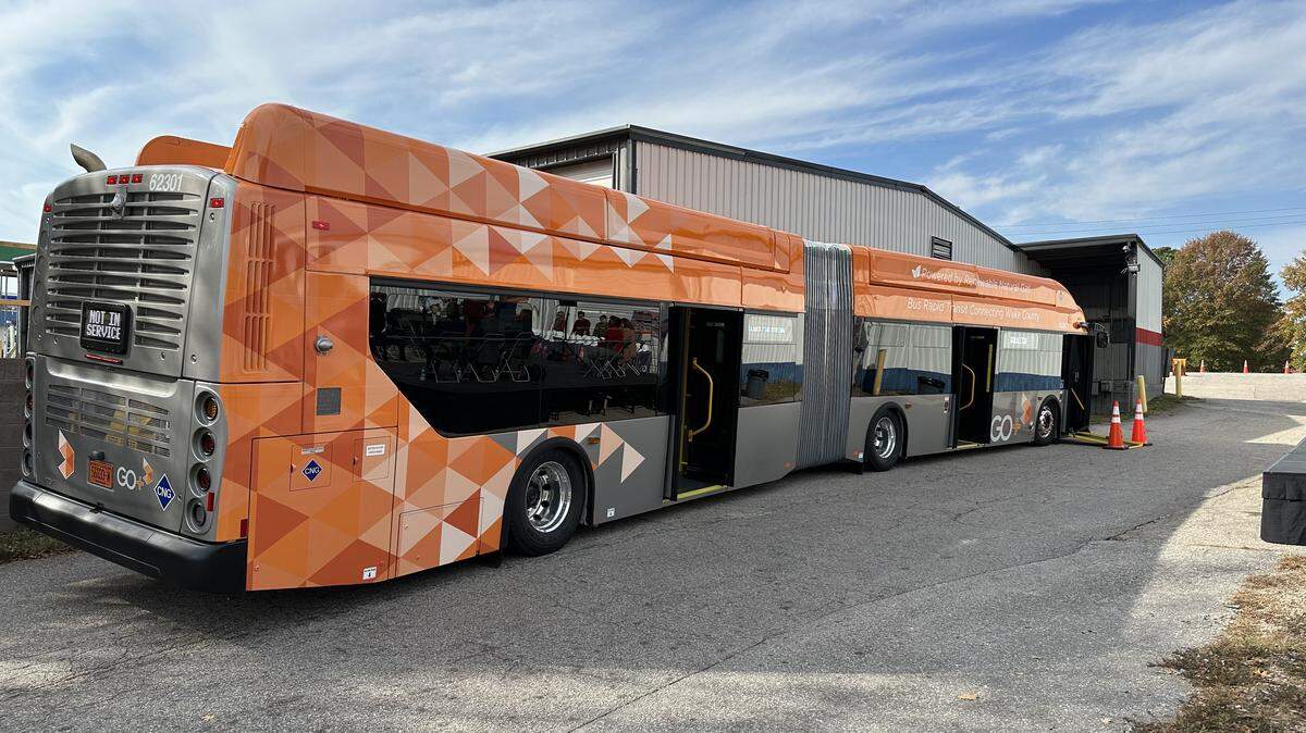 One of GoRaleigh’s 60-foot articulated buses, as seen at a groundbreaking ceremony for the New Bern Avenue bus rapid transit line on Nov. 7, 2023.