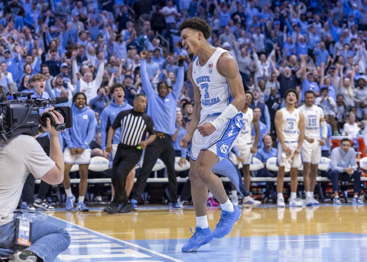 North Carolina guard Seth Trimble (7) reacts after a dunk on a fast break in the second half against Virginia Tech on Saturday, February 28, 2026 at the Smith Center in Chapel Hill, N.C.  Trimble scored 20 points in the Tar Heels’ 89-82 victory. 